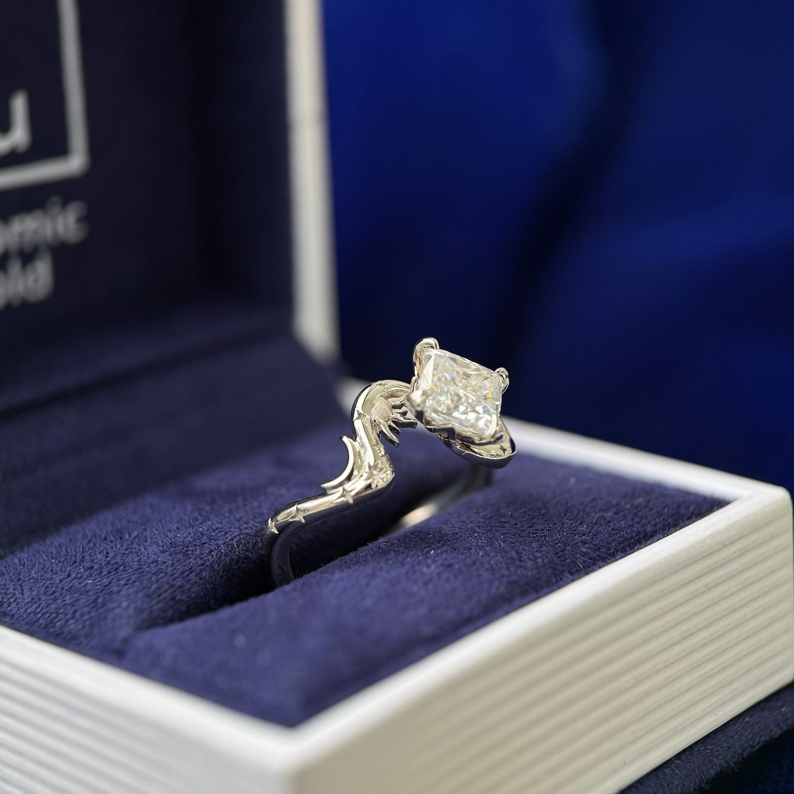 14k Champagne Gold Brushes-prongs-set 6mm Princess-cut Moissanite On Tapered Band with Organic-meets-celestial Engravings Custom Ring, size 6.75