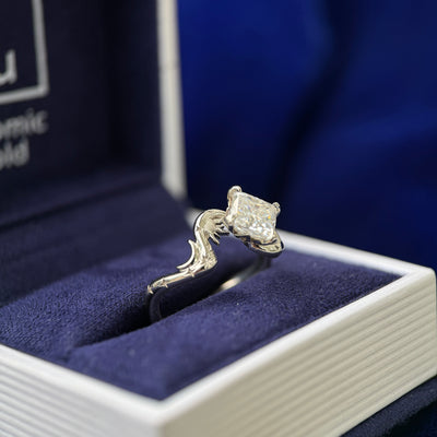 14k Champagne Gold Brushes-prongs-set 6mm Princess-cut Moissanite On Tapered Band with Organic-meets-celestial Engravings Custom Ring, size 6.75