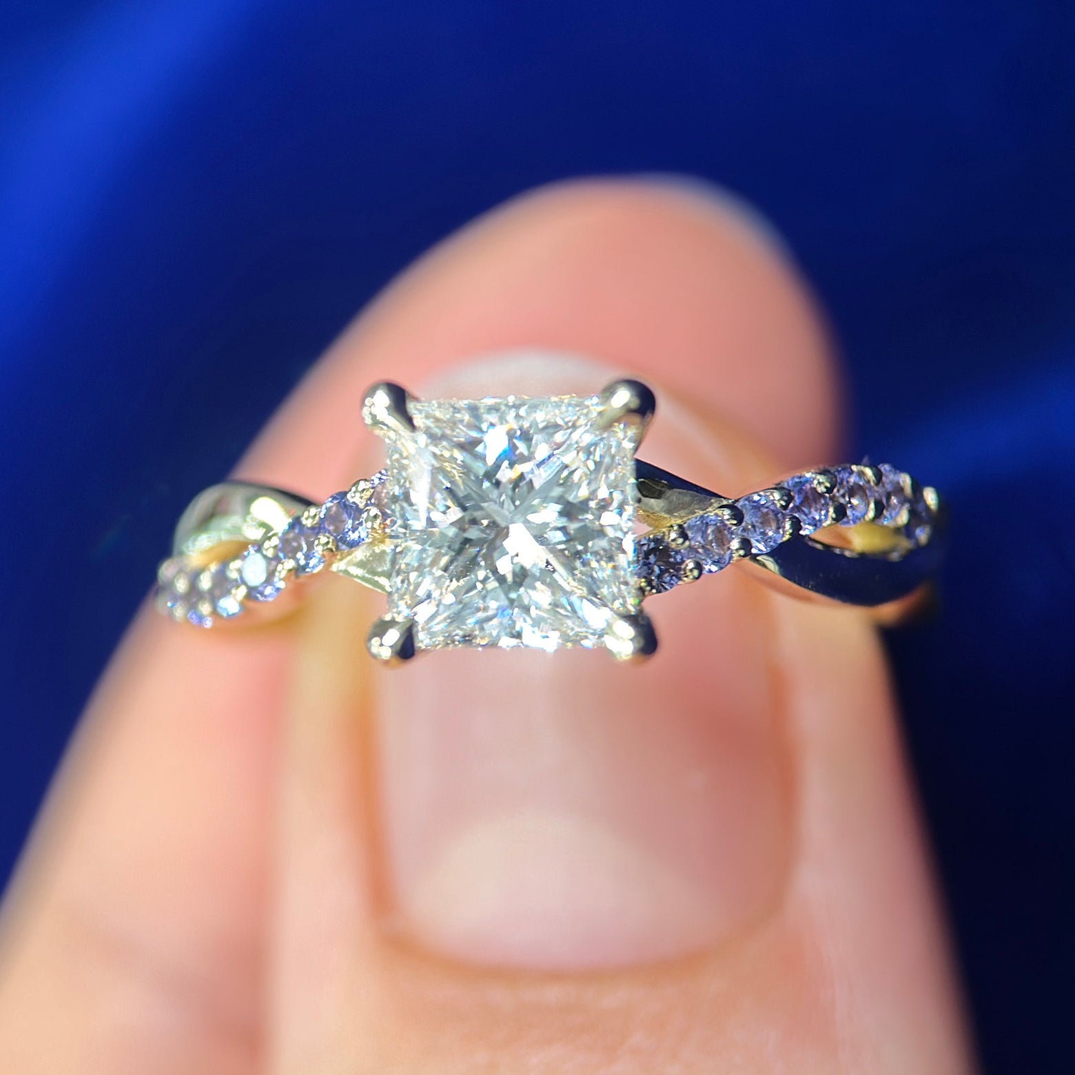 14k Yellow Gold and Set-above-band 1.08ct G/VS1 GIA Princess Natural Diamond on Twisted Band with Purple Sapphires Custom Ring, size 5.5