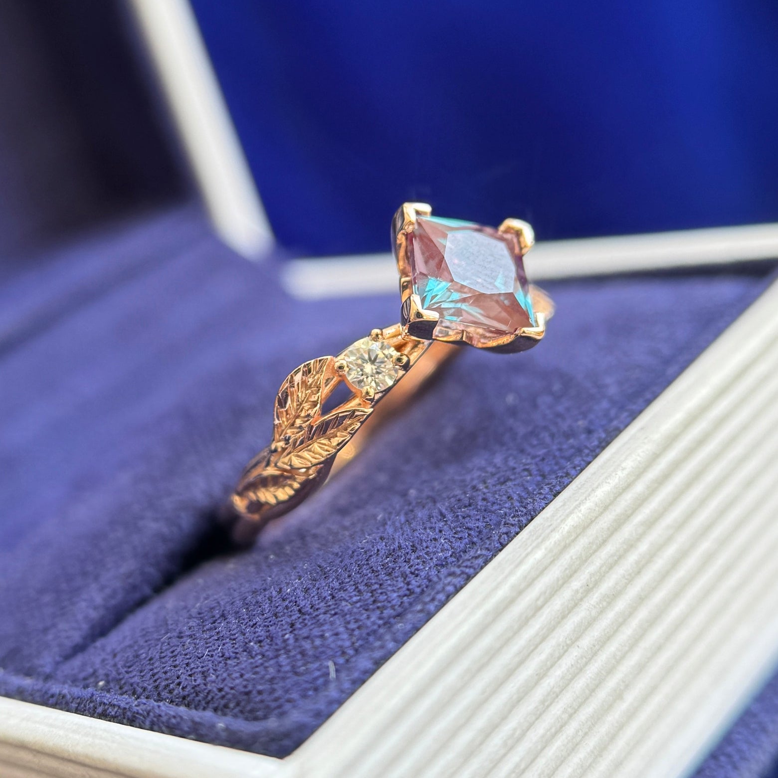14k Rose Gold Petal-Prongs-Asymmetrically-Set 1ct 6mm Princess Cut Lab Alexandrite with 2pc Round Lab Diamonds on 3mm Leaves Band Custom Ring, Size 6.75