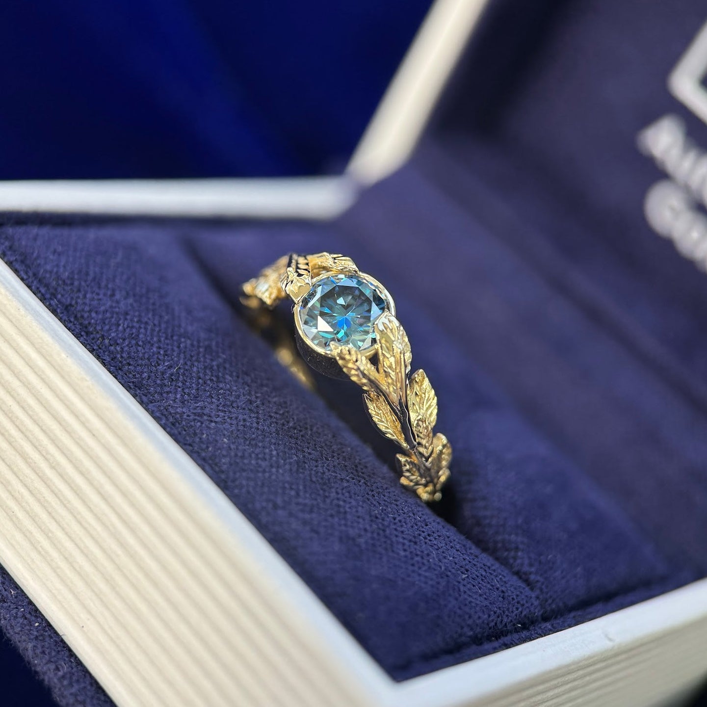 14k Yellow Gold 6mm Round Blue Moissanite Double Leaves Custom Ring