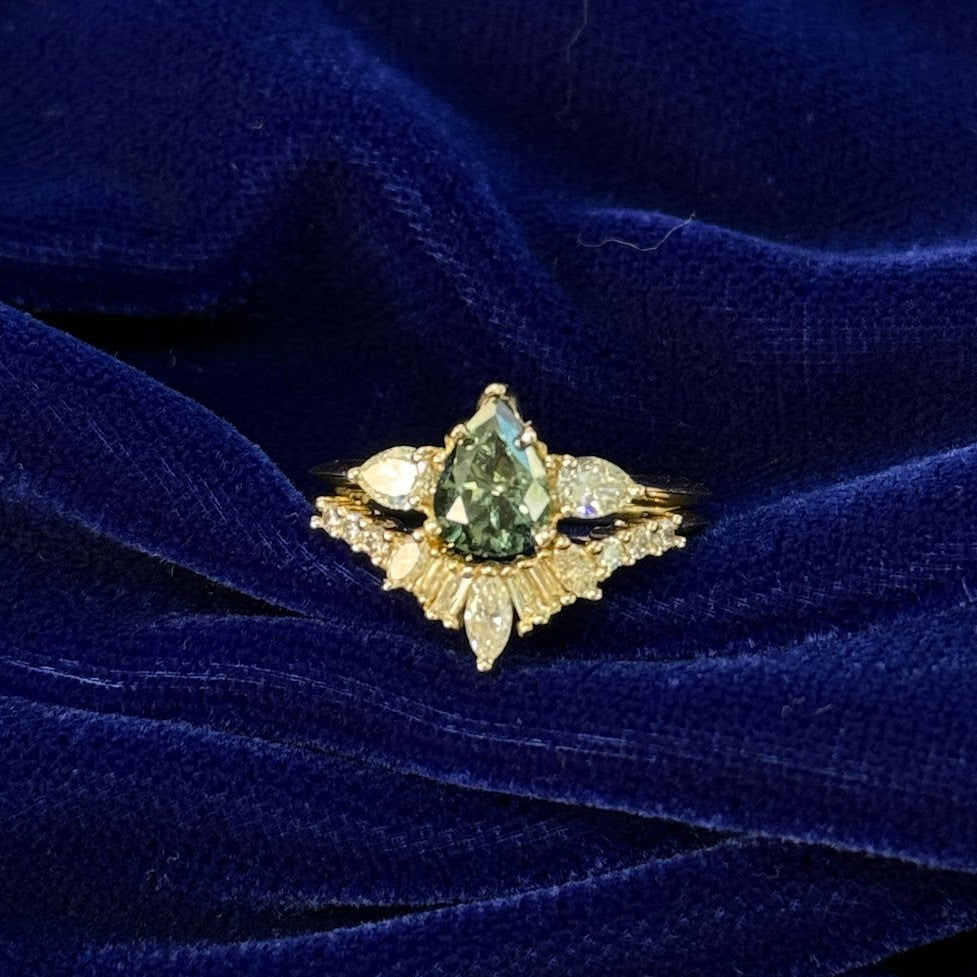 14k Yellow Gold Prongs Set Pear Green Diamond with Pear White Diamonds on 2mm Mirror Band and Matching Wedding Band Custom Rings Set