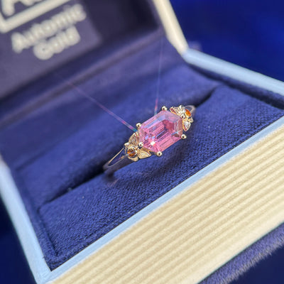 14k Yellow Gold and 1.23ct Purple-pink Elongated Hexagon Sapphire with 2 Butterflies with Small Round Orange Sapphires Custom Ring, size 5.5