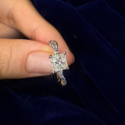 14k Yellow Gold Set Above Band Princess Natural Diamond on Twisted Band with Purple Sapphires Custom Ring