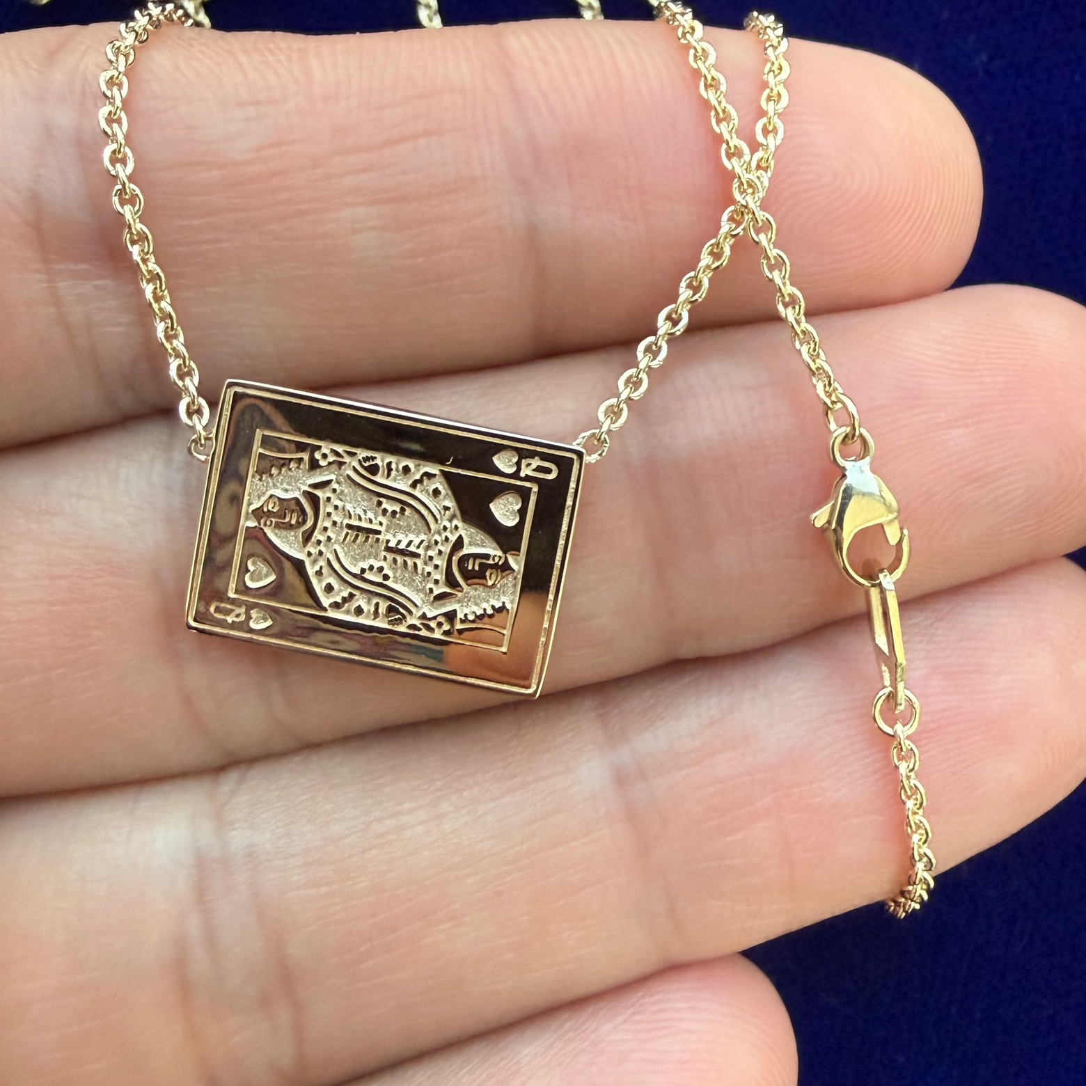 14k Yellow Gold Queen of Hearts Playing Card 12x17mm Charm on 18" Medium Cable Chain Custom Necklace