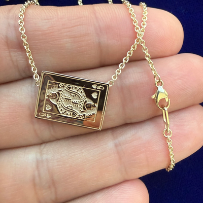 14k Yellow Gold Queen of Hearts Playing Card 12x17mm Charm on 18" Medium Cable Chain Custom Necklace
