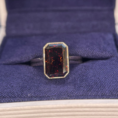 14k Yellow Gold and Customers 3.33ct Open-Bezel-Set Radiant Brown Lab Diamond on Cathedral 2.5mm Mix Mirror Band, Custom Ring, Size 4