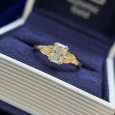 14k Yellow Gold Prongs-set 0.8ct Radiant Lab Diamond on Tapered Leaves Band Custom Ring, Size 6.25