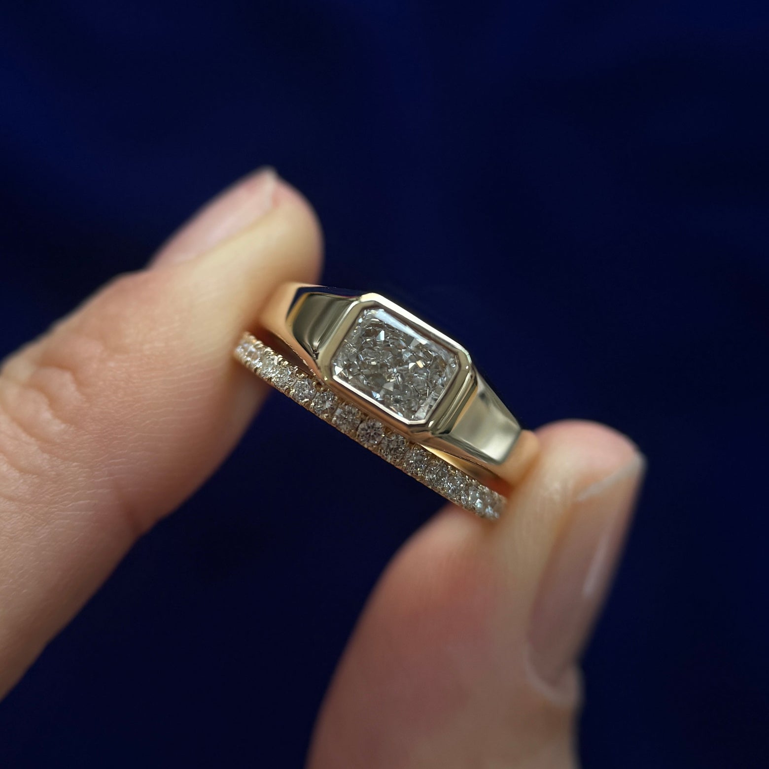 14k Yellow Gold and Customers 1ct Radiant Lab Diamond Closed-back Horizontally-low-set into Signet Ring and 14k Yellow Gold  Customers Small Round Lab Diamond Pave Set three fourths around Thin Band Ring,, size 5.25