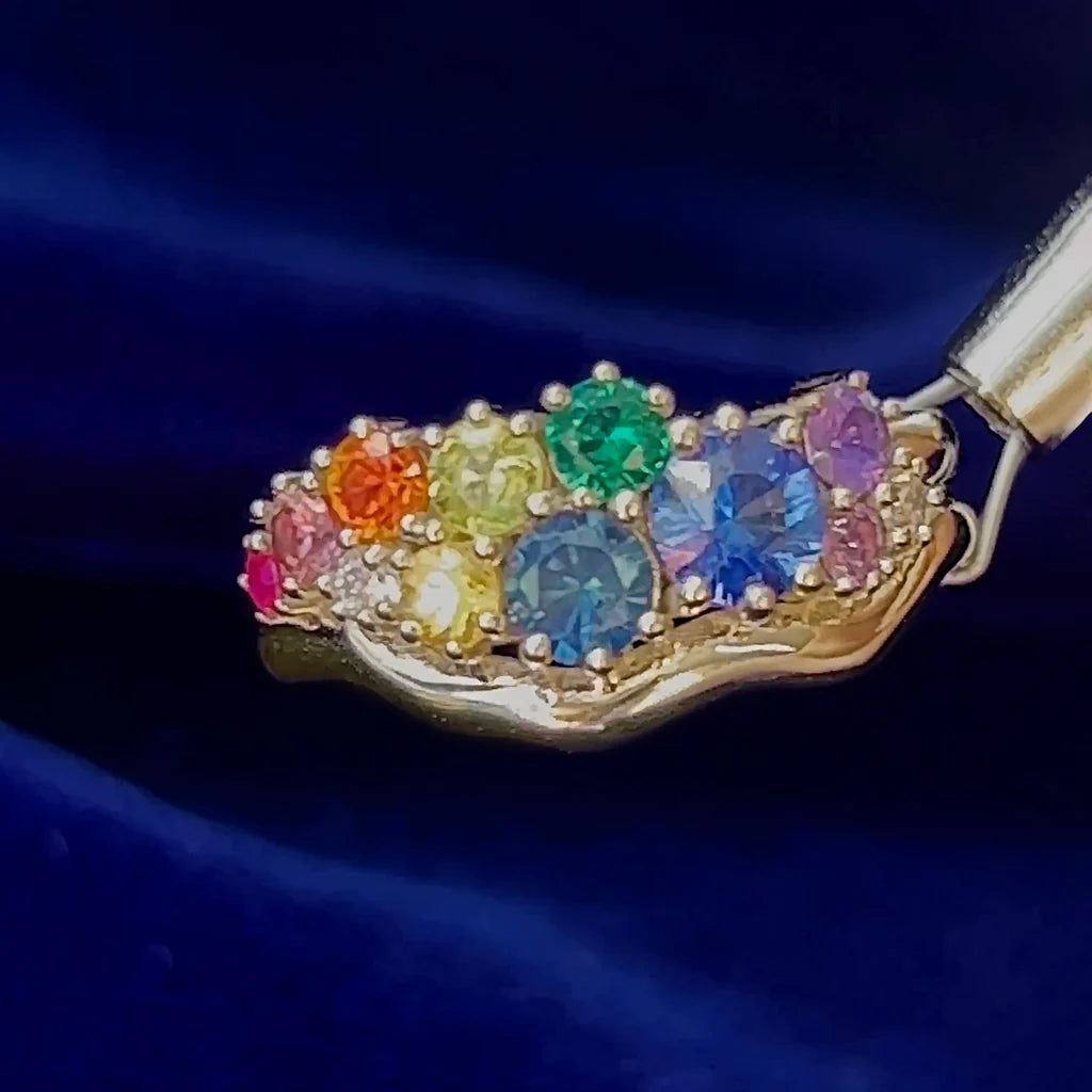 14k White Gold Rainbow Sapphires and Diamonds Cluster Custom Ring with fused matching Wedding Band