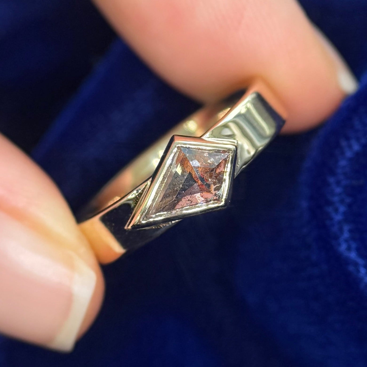 14k Yellow Gold with 0.82ct Red Inclusion Salt-and-pepper Kite Diamond Sideways set on 4mm Industrial Mirror Band Custom Ring, size 6.25, 5 gram