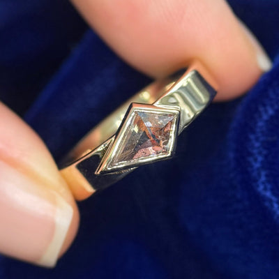 14k Yellow Gold with 0.82ct Red Inclusion Salt-and-pepper Kite Diamond Sideways set on 4mm Industrial Mirror Band Custom Ring, size 6.25, 5 gram