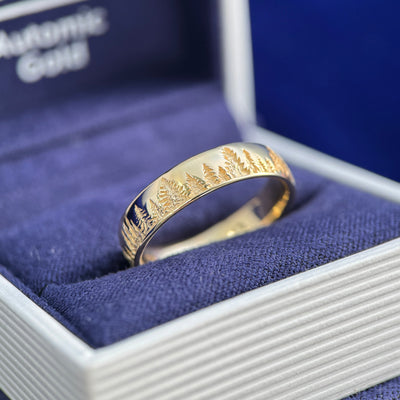 14k Yellow Gold Redwood Trees all-around 5mm Comfort-fit Custom Band, 5 gram, size 9