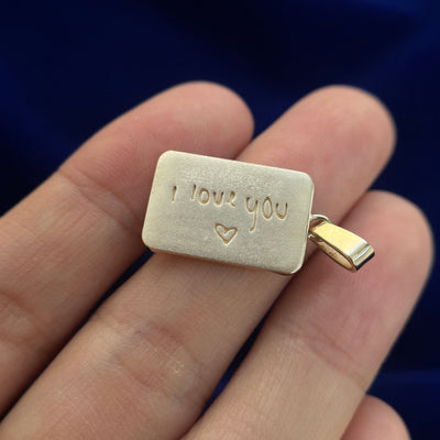 14k Yellow Gold Initial A, Stars with Diamond, Trees Engraved in Rectangular Custom Pendant, copy hand engraving on the back