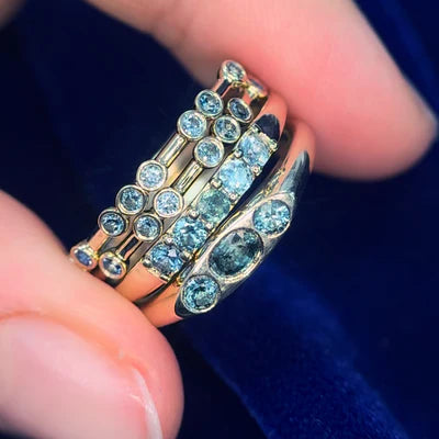 14k Yellow Gold Natural Teal Sapphires Custom Rings Set