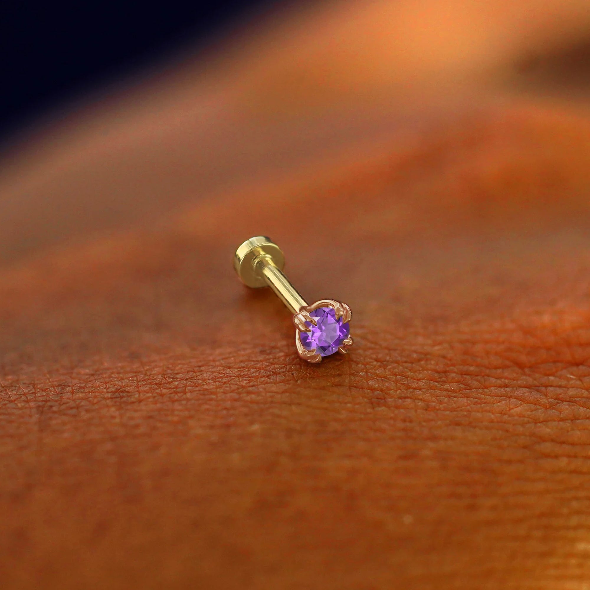 14K Solid Yellow Gold February Birthstone Amethyst Stud Earrings (Round Cut, Push Back, 0.50-4.00 TCW)