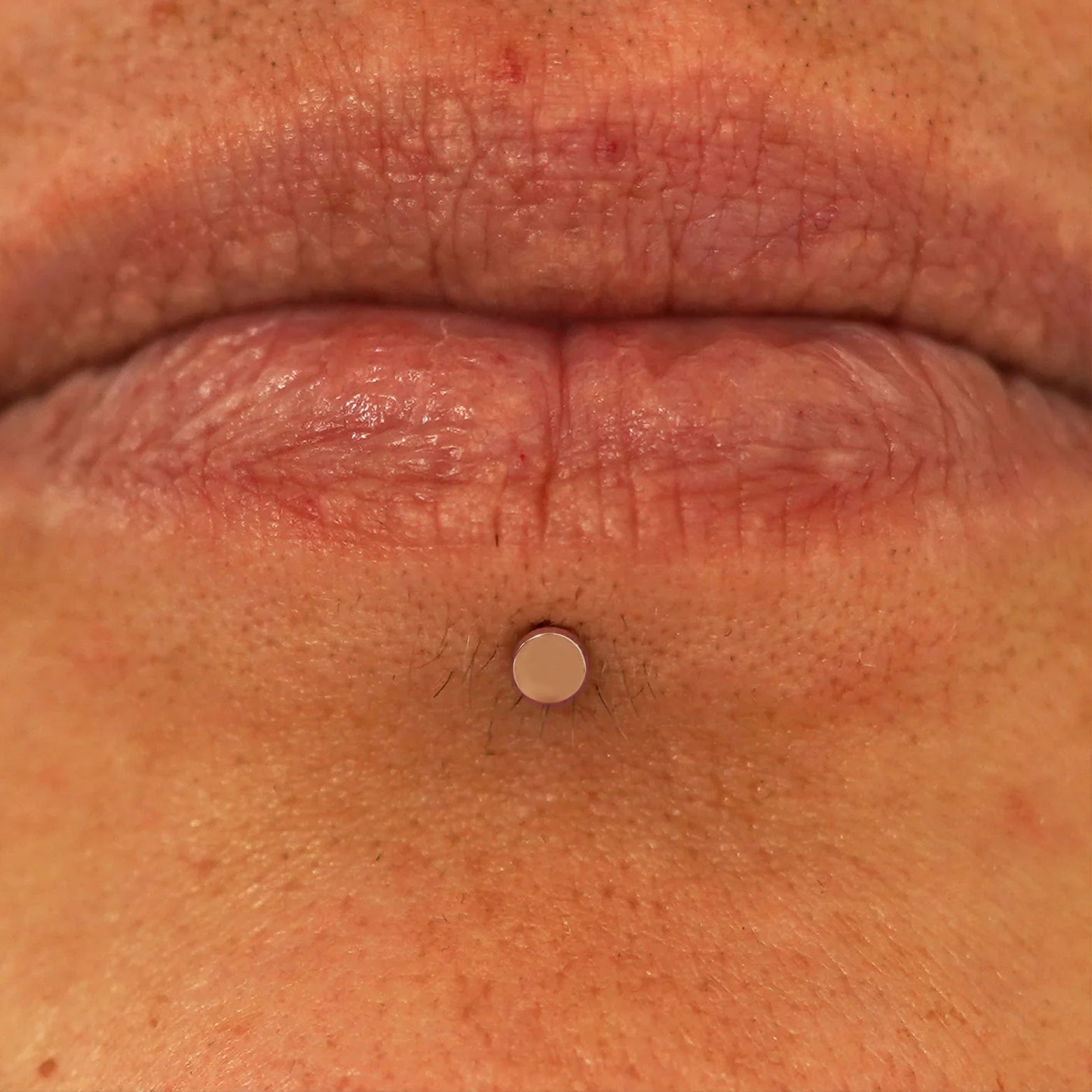 Close up view of a model's lips wearing a 14k rose gold Mini Circle Flatback in a labret piercing