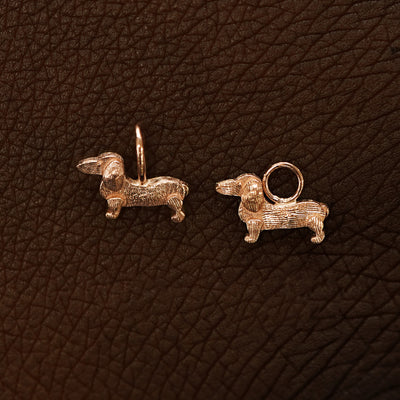 Two 14 karat Rose solid gold Dog Charms shown in the For Chain and For Earring options