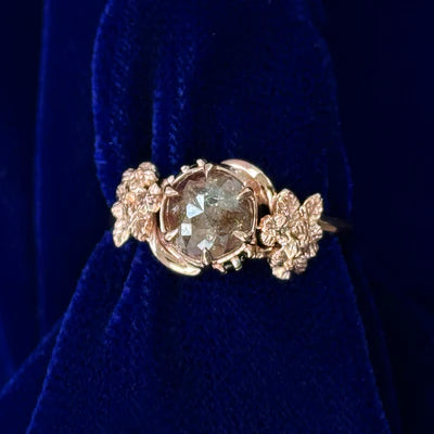 14k Rose Gold Red Salt and Pepper Diamond with Small Black Diamonds Hydrangea Leaves and Vine Band Custom Ring