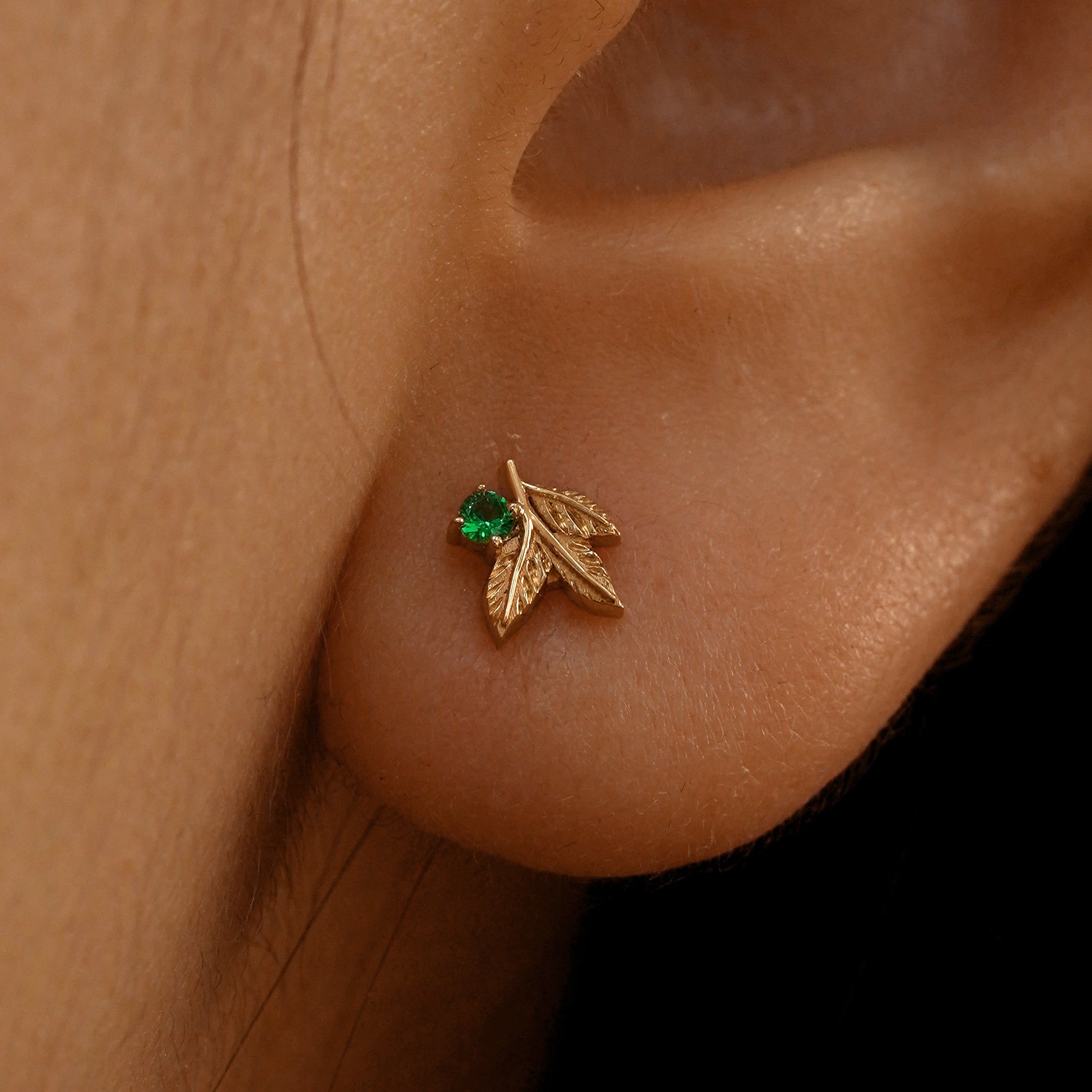 Automic Gold Gemstone 3 Leaves Stud Earring | Sustainable Fine Jewelry