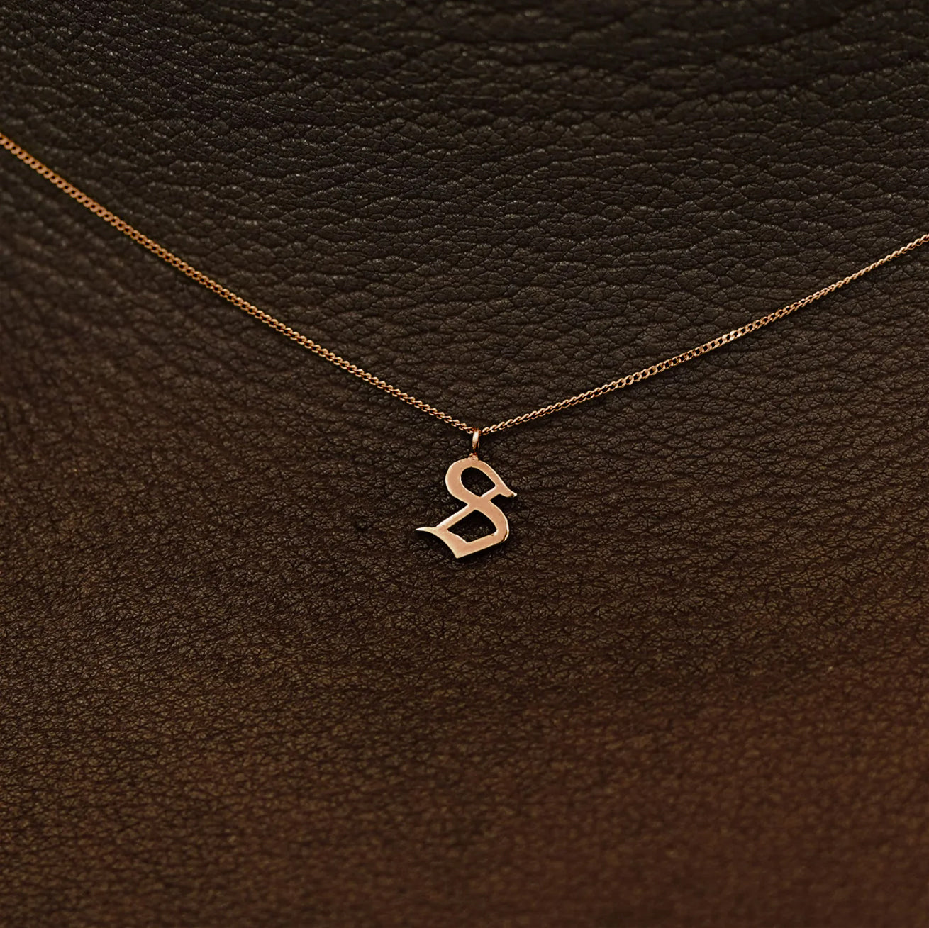 Close up view of a model's neck wearing a 14k solid rose gold Initial Charm Necklace in the letter S