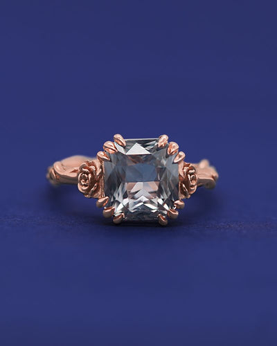 14k Rose Gold Claw Prongs with Roses and Cushion Cut Gray Sapphire Custom Ring