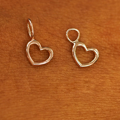 Two 14 karat Rose solid gold Heart Charms shown in the For Chain and For Earring options
