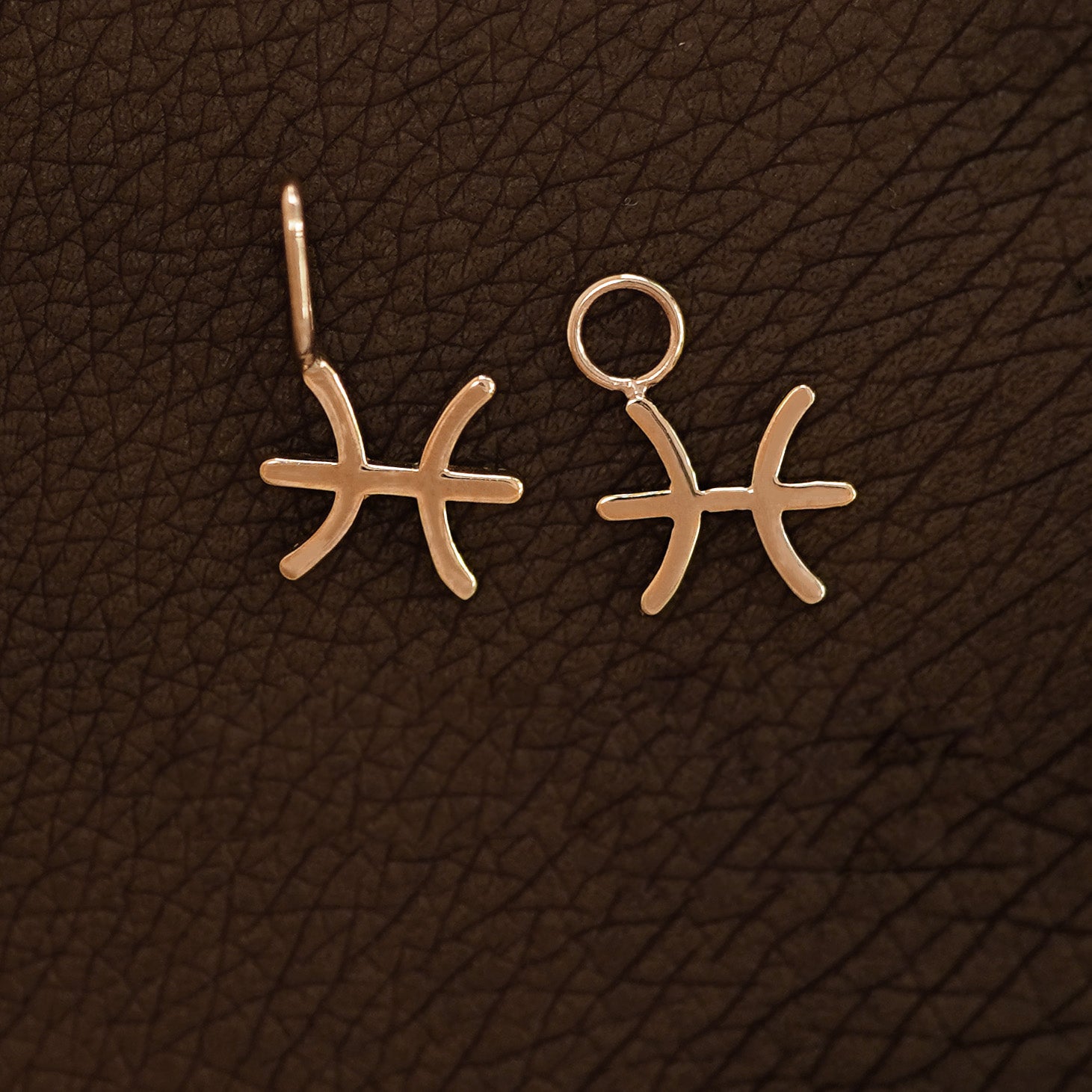 Two 14 karat Rose solid gold Pisces Horoscope Charms shown in the For Chain and For Earring options