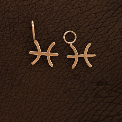 Two 14 karat Rose solid gold Pisces Horoscope Charms shown in the For Chain and For Earring options