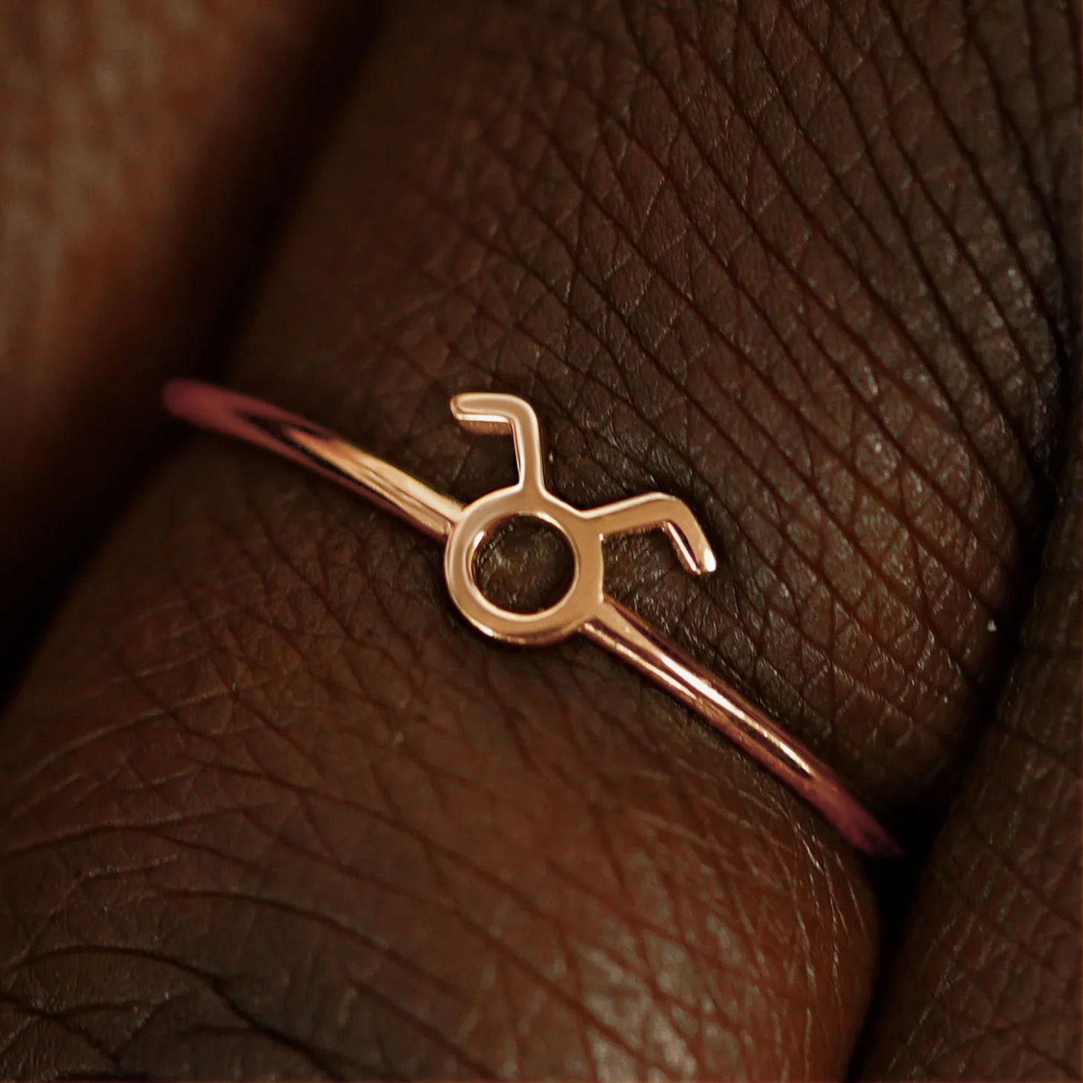 Close up view of a model's fingers wearing a 14k rose gold Taurus Horoscope Ring