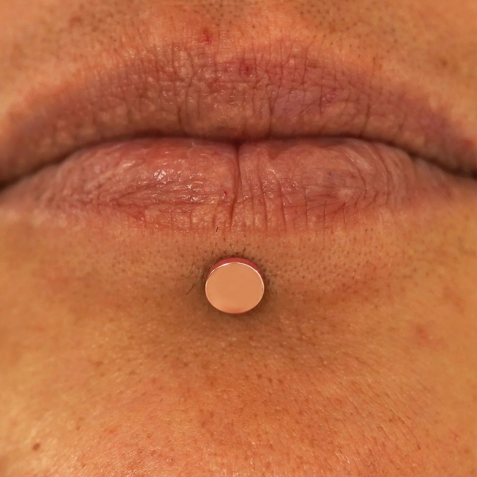 Close up view of a model's lips wearing a 14k rose gold Large Circle Flatback in a labret piercing