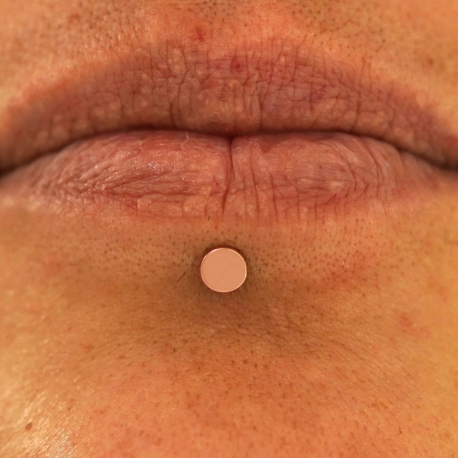 Close up view of a model's lips wearing a 14k rose gold Medium Circle Flatback in a labret piercing