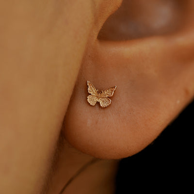 Close up view of a model's ear wearing a 14k rose gold Mini Butterfly Earring