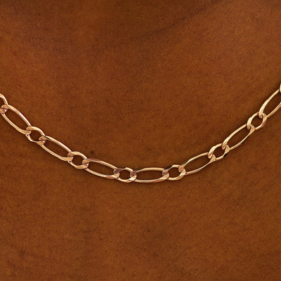Close up view of a model's neck wearing a rose gold One To One Chain