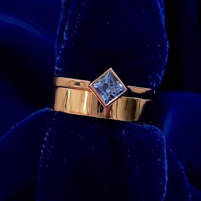 14k Rose Gold Bezel Set Princess Cut Blue Sapphire Engagement and Wedding Ring Set