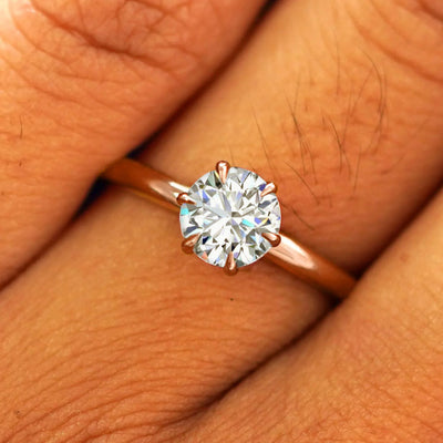 Close up view of a model's fingers wearing a 14k rose gold Round Lab Diamond Ring