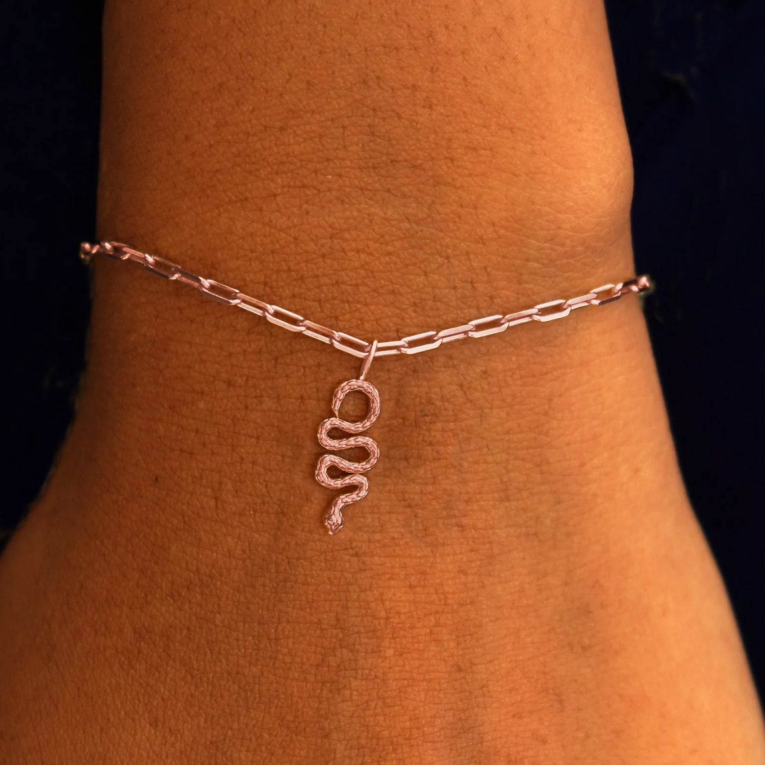 Close up view of a model's wrist wearing a rose gold Snake Charm on a Butch Chain Bracelet