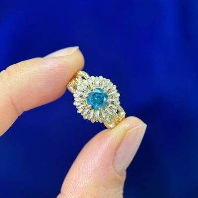 14k Yellow Gold Round Blue Diamond with Rounded Petals on Tapered Branches and Leaves Band Custom Engagement Ring