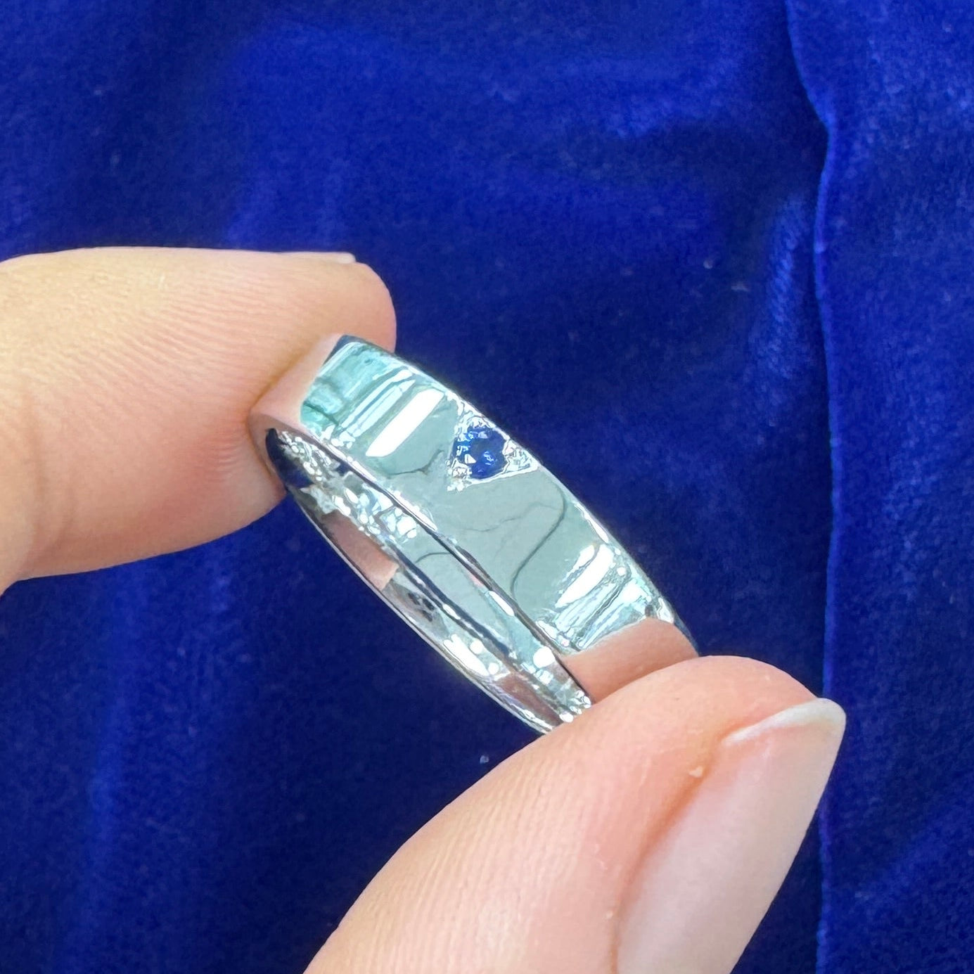 18k White Gold 2mm Round Blue Sapphire set into Triangle on 5mm Industrial Band Custom Ring, size 10
