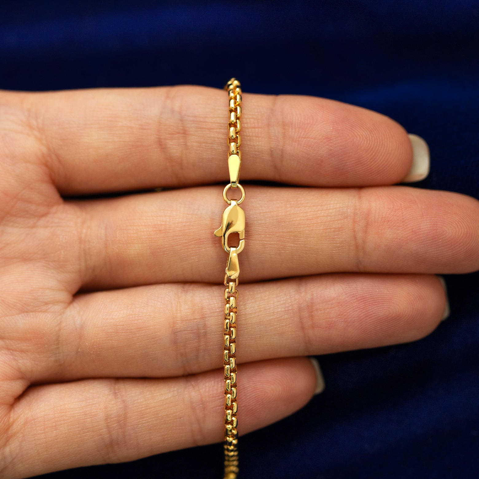 A model holding a 14k yellow gold Round Box Chain to show the lobster claw clasp