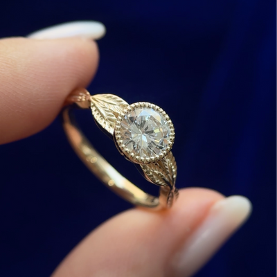 14k Yellow Gold with Clients Heirloom 1.75ct Round Diamond custom Leaves Ring, Size 7 
