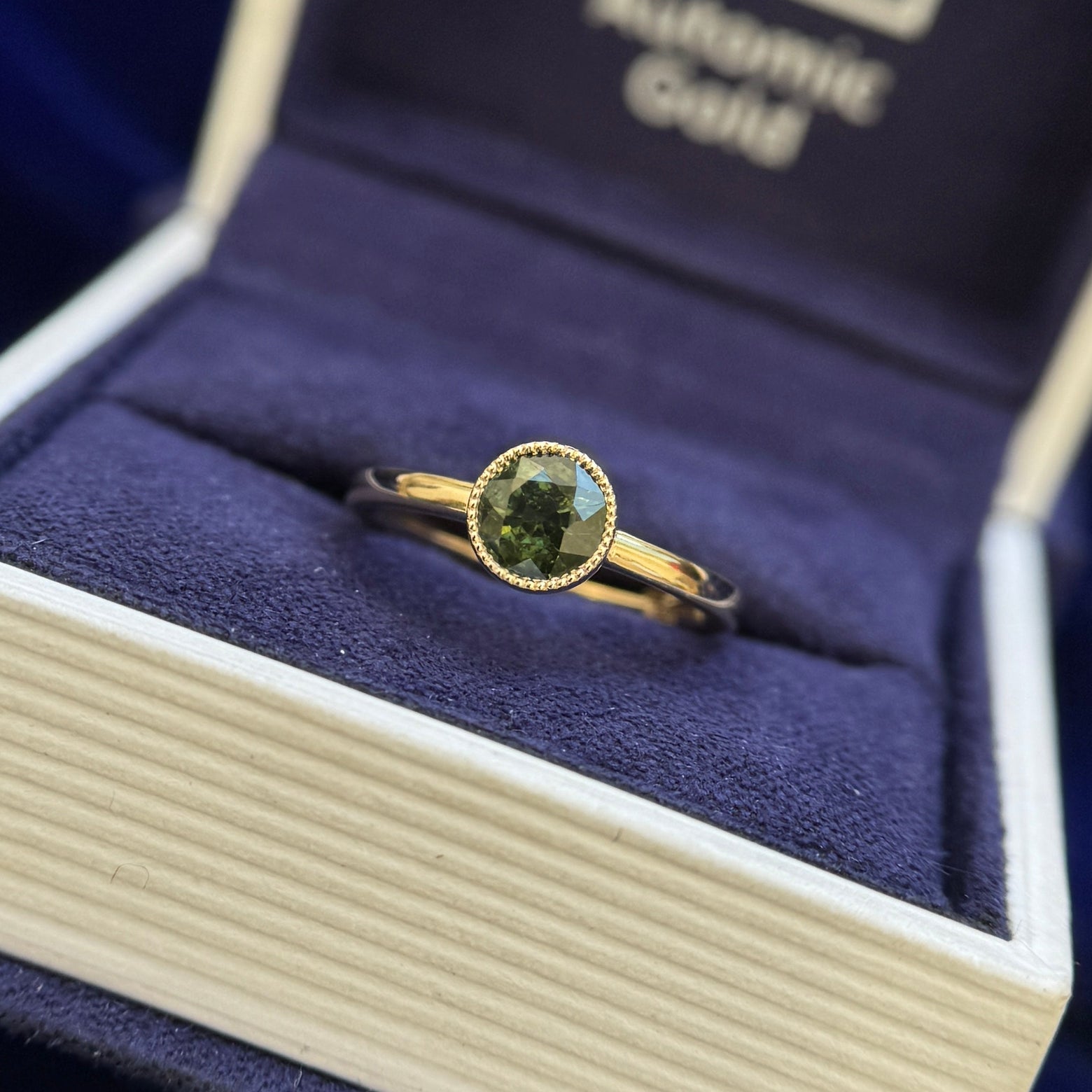 14k Yellow Gold and Milgrain Bezel-low-set 5mm 0.82ct Round Green Sapphire on 1.7mm Mix Mirror Band Custom Ring, size 4