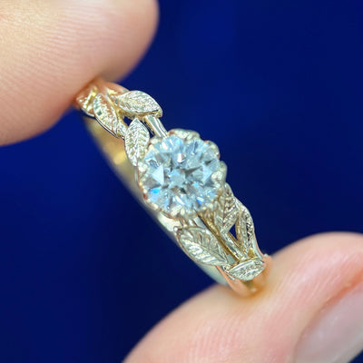 14k Yellow Gold & 1ct Round Lab Diamond set in Leaves and Brunches Band Custom Ring, size 12