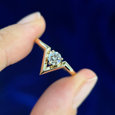 14k Yellow Gold with 4.5mm H/VS Round Lab Diamond set in Triangle Thin Band Custom Ring, size 8