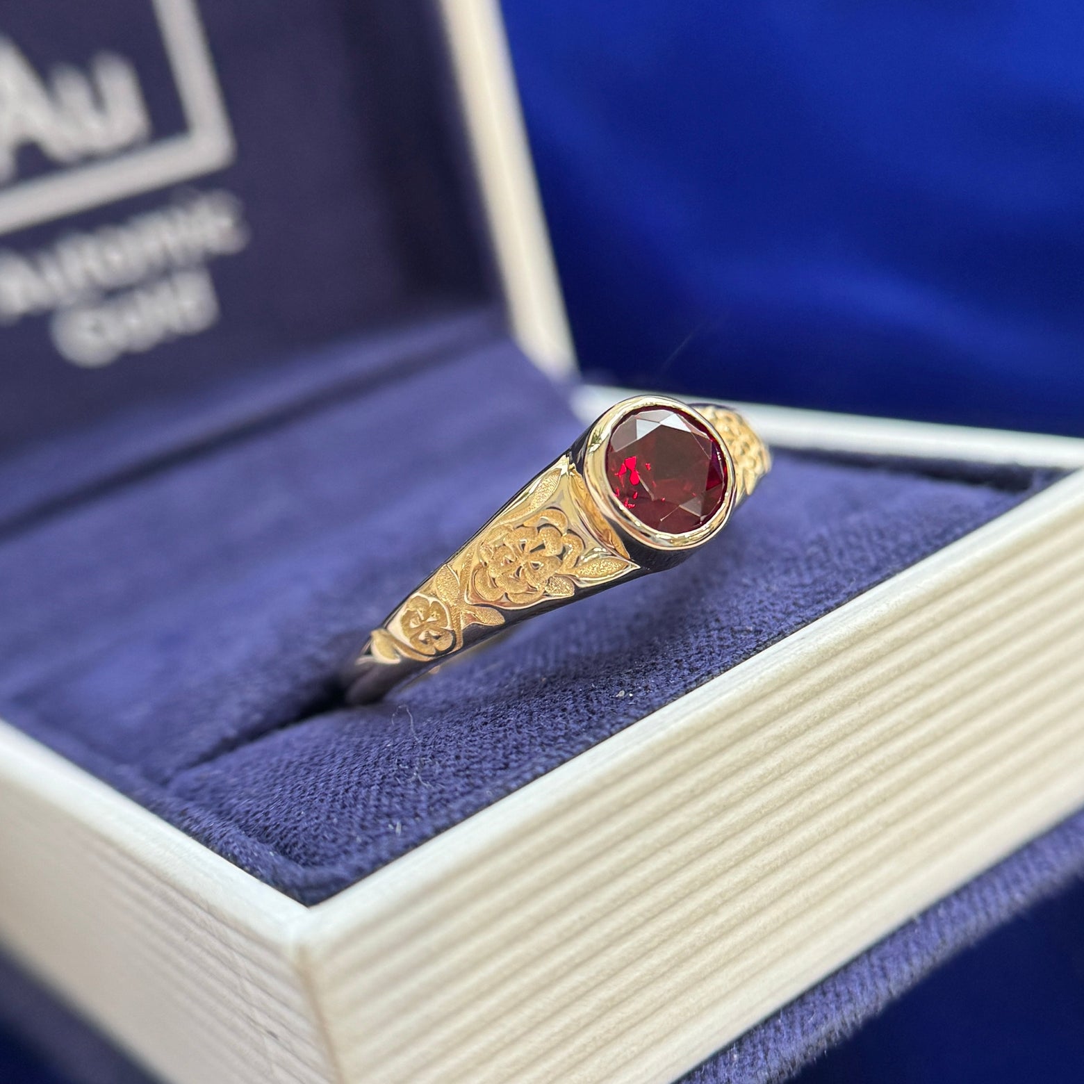 14k Yellow Gold Bezel Set 6mm Round Lab Ruby on Poppy Flower Filigree Engraved Custom Band, Size 11
