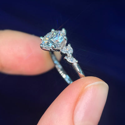 950 Platinum and Low-round-6-petal-prongs 1.5ct 7.5mm D E VVS Round Lab Diamond and 2pc 3x1.5mm Marquise and 4pc 1.5mm Round Lab Diamonds Custom Ring, size 6.75