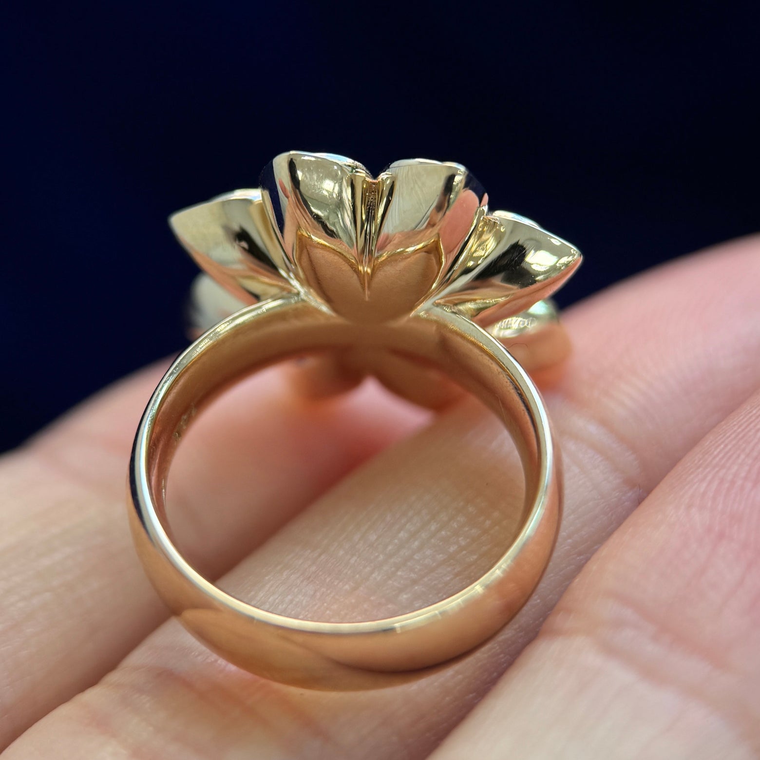 14k Yellow Gold with 5mm and 8mm Round Moissanites Flower on Thick Band Custom Ring, 12 gram, size 4.75
