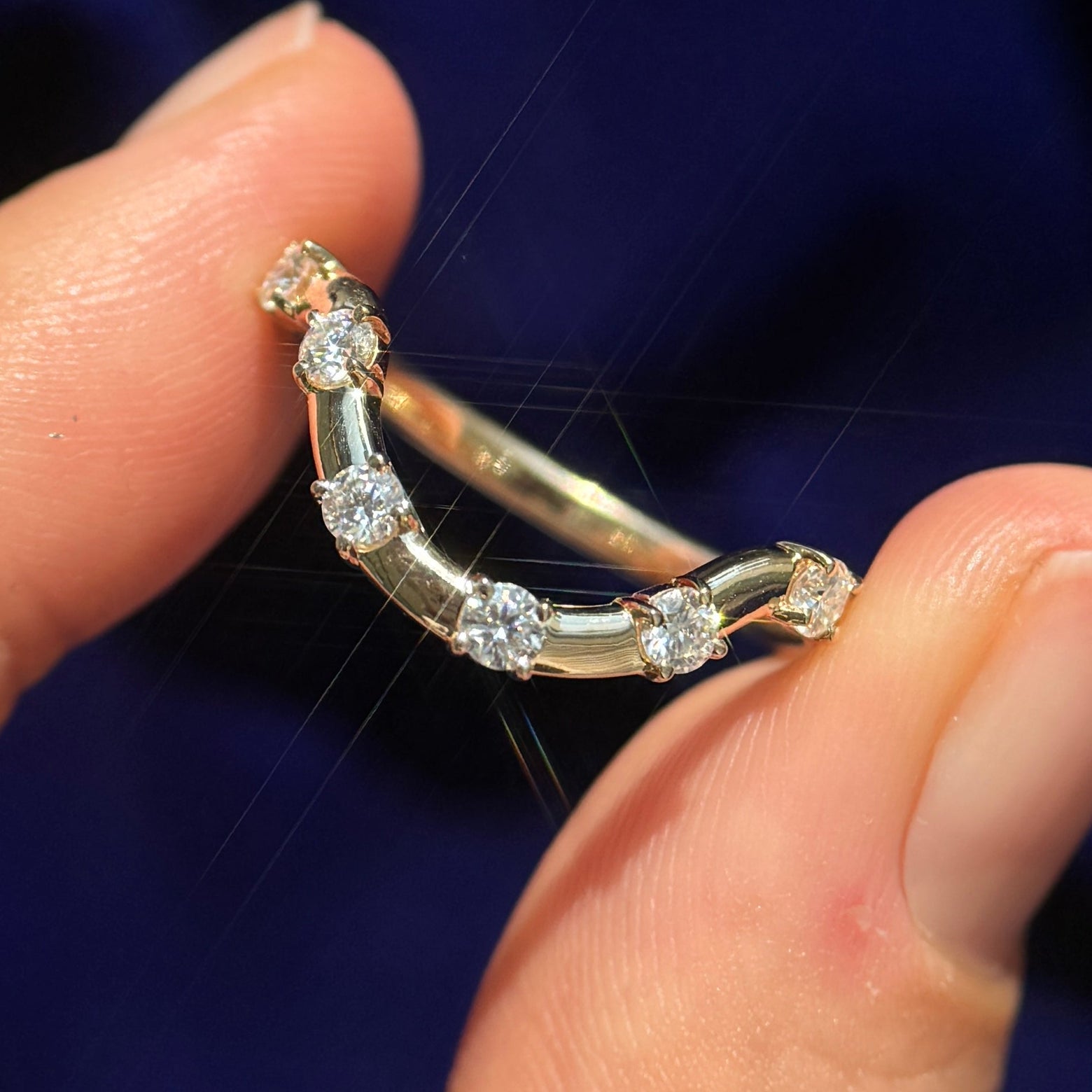 14k Yellow Gold 6pc 2.5mm Round Moissanites 3/4-way Around Wavy Custom Nesting Band