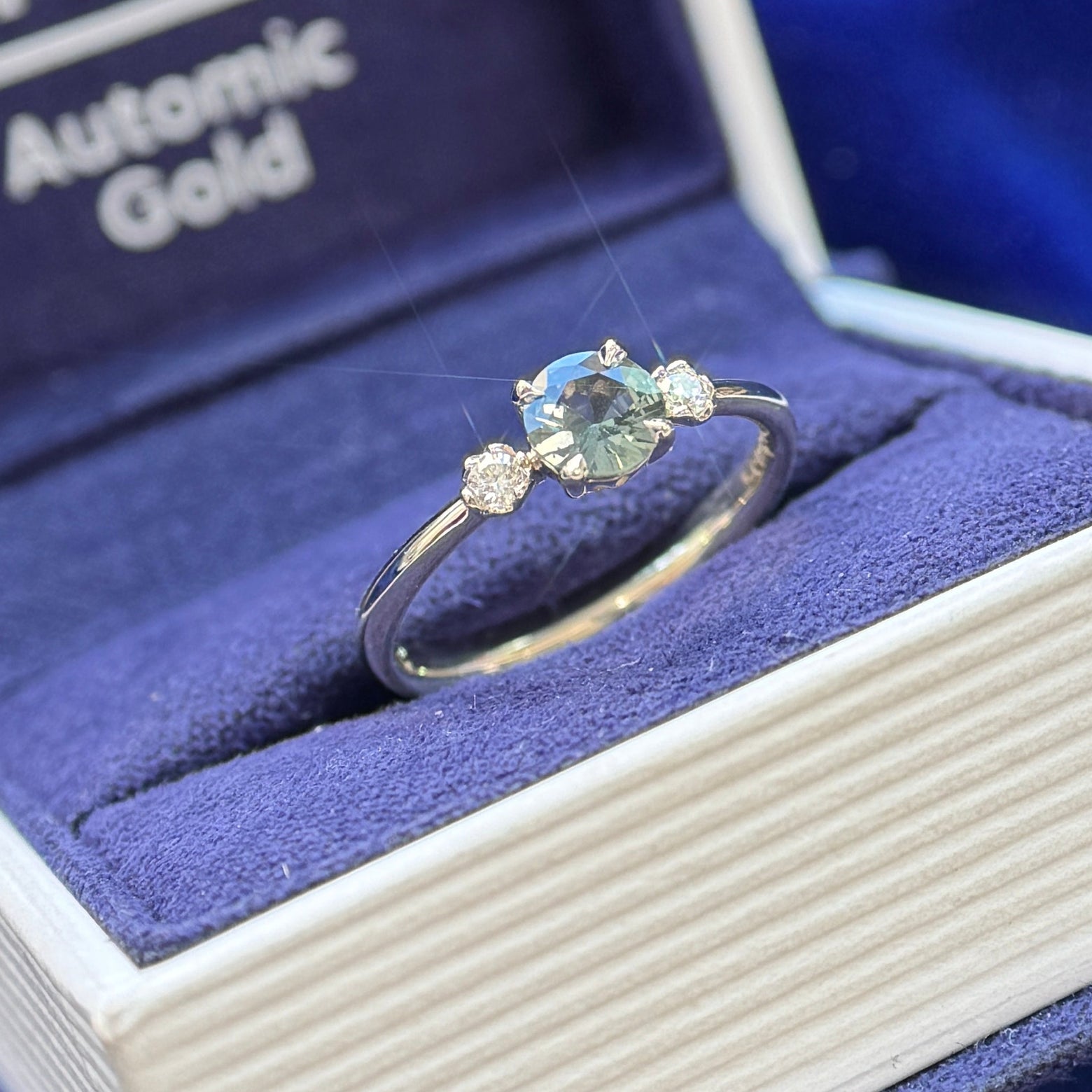 14k Champagne Gold and 5mm Round Montana Sapphire with Small Diamonds Three stone Custom Ring, engraved inside  , size 5.5