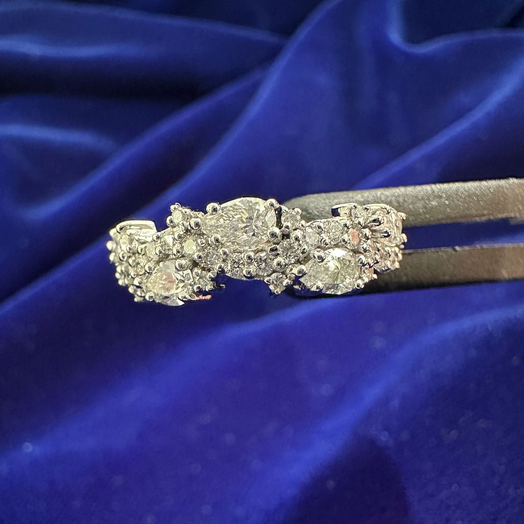 14k White Gold Pear and Round Diamonds Half-way Weaved Band Custom Ring